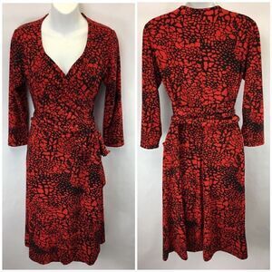 David Meister Red/Black Animal Print 3/4 Sleeves Wrap Dress